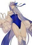  1girl absurdres albino_(a1b1n0623) blue_bow blue_choker blue_eyes blue_ribbon blue_swimsuit bow choker fate/grand_order fate_(series) greaves highleg highleg_swimsuit highres meltryllis meltryllis_(swimsuit_lancer)_(fate) prosthesis purple_hair ribbon sleeves_past_fingers sleeves_past_wrists solo strapless strapless_swimsuit swimsuit 