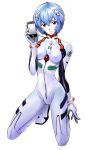  1girl ayanami_rei blue_hair bodysuit breasts cellphone closed_mouth commentary_request expressionless full_body hair_between_eyes holding holding_phone interface_headset looking_at_viewer medium_breasts neon_genesis_evangelion niina_ryou one_knee phone plugsuit red_eyes short_hair simple_background smartphone solo white_background white_bodysuit 