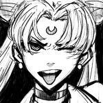  1girl :d :p bishoujo_senshi_sailor_moon choker commentary earrings edpan english_commentary foreshortening greyscale jewelry long_hair looking_at_viewer monochrome one_eye_closed open_mouth portrait sailor_moon smile solo tongue tongue_out tsukino_usagi twintails 