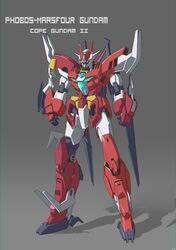  absurdres aqua_eyes character_name chinese_commentary clenched_hands clotho_(1326803453) english_commentary grey_background gundam gundam_build_divers gundam_build_divers_re:rise gunpla highres marsfour_gundam mecha mixed-language_commentary no_humans original redesign solo standing v-fin 