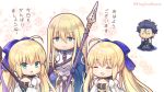  2boys 2girls :d ^_^ ahoge artoria_pendragon_(all) artoria_pendragon_(caster) bangs bare_shoulders black_dress blonde_hair blue_bow blue_cape blush bow breastplate cape chibi closed_eyes closed_mouth commentary_request diarmuid_ua_duibhne_(fate/grand_order) dress eyebrows_visible_through_hair fate/grand_order fate_(series) fingerless_gloves fionn_mac_cumhaill_(fate/grand_order) floral_background gloves green_eyes green_shirt hagino_kouta hair_between_eyes hair_bow holding holding_spear holding_weapon juliet_sleeves long_hair long_sleeves multiple_boys multiple_girls o-ring open_mouth polearm puffy_sleeves seiza shirt sitting sleeveless sleeveless_shirt smile solid_circle_eyes spear translation_request twitter_username very_long_hair weapon white_background wide_sleeves 