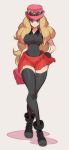  1girl ankle_boots bag black_legwear boots bracelet breasts crossed_legs eyewear_on_headwear facing_viewer hand_on_hip handbag highres impossible_clothes impossible_shirt jewelry large_breasts legs long_hair long_legs nac000 pokemon pokemon_(game) pokemon_xy red_skirt serena_(pokemon) shirt skirt sleeveless sleeveless_shirt slender_waist solo sunglasses thigh-highs white_background zettai_ryouiki 