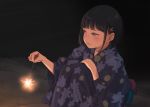  1girl black_hair commentary dark fireworks holding japanese_clothes kimono kyak_bamboo original outdoors senkou_hanabi solo sparkler squatting yukata 