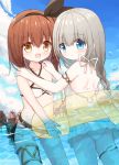  2girls :d ass bare_arms bare_shoulders bikini black_hairband black_ribbon blue_eyes blush braid brown_eyes brown_hair closed_mouth commentary_request criss-cross_halter day frilled_swimsuit frills grey_hair hair_ribbon hairband halterneck hands_on_another&#039;s_shoulders healer_girl_(yuuhagi_(amaretto-no-natsu)) innertube long_hair lucena_winter multiple_girls one-piece_swimsuit open_mouth original outdoors ribbon smile swimsuit transparent very_long_hair water wavy_mouth white_bikini white_swimsuit yuuhagi_(amaretto-no-natsu) 