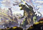  artist_name battle cannon clouds dated day dinosaur highres laser_beam mecha no_humans original outdoors pterodactyl santoni standing triceratops 