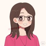  1girl black-framed_eyewear blush bright_pupils brown_eyes brown_hair commission glasses highres jewelry long_hair necklace nokanok original parted_lips pink_shirt shadow shirt simple_background skeb_commission smile solo upper_body white_background white_pupils 