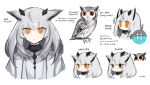 1girl animal animal_ears arknights artist_name bangs bird dilated_pupils english_text eyebrows_visible_through_hair highres horns iwis multicolored_hair owl owl_ears ptilopsis_(arknights) signature silver_hair simple_background streaked_hair white_background yellow_eyes 