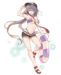  1girl ariake_(kantai_collection) barefoot black_shorts breasts collarbone eyewear_on_head fingernails full_body gradient_hair groin highres innertube kantai_collection long_hair medium_breasts multicolored_hair navel necktie purple_hair red_neckwear sandals shakemi_(sake_mgmgmg) shorts simple_background solo toenails toes violet_eyes white_background 