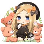  1girl abigail_williams_(fate/grand_order) bangs black_bow black_dress black_headwear blonde_hair blue_eyes blush bow breasts chibi dress fate/grand_order fate_(series) forehead hair_bow hat kneeling kujiran long_hair looking_at_viewer lowres multiple_bows open_mouth orange_bow parted_bangs polka_dot polka_dot_bow ribbed_dress sleeves_past_fingers sleeves_past_wrists small_breasts stuffed_animal stuffed_toy teddy_bear white_bloomers 