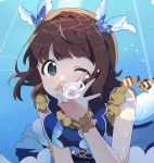  1girl :o amami_haruka ap_bar bracelet brown_hair bubble_blowing clownfish dress frilled_dress frilled_neckwear frilled_sleeves frills green_eyes hair_ornament idolmaster idolmaster_(classic) jewelry ok_sign one_eye_closed open_mouth short_hair short_sleeves solo underwater 