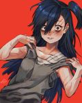 1girl artist_name bags_under_eyes bangs black_hair buddy_(lisa) collarbone crazy_eyes grey_tank_top hair_between_eyes hands_on_own_shoulders hands_up highres lisa_(series) lisa_the_joyful long_hair looking_at_viewer open_hands open_mouth red_background red_eyes scar scar_across_eye scar_on_arm scar_on_face shosan side_ponytail simple_background smile solo spoilers tank_top upper_body w_arms