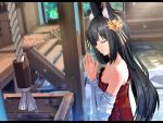 1girl animal_ear_fluff animal_ears azur_lane bangs bare_shoulders black_hair blurry bokeh box breasts closed_eyes closed_mouth day depth_of_field detached_sleeves donation_box dress eyebrows_visible_through_hair fox_ears from_side hair_ornament hands_clasped letterboxed long_hair long_sleeves multicolored_hair nagato_(azur_lane) outdoors own_hands_together profile shrine small_breasts solo stairs strapless strapless_dress streaked_hair sugita_ranpaku twitter_username upper_body wide_sleeves 
