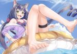  1girl animal_ear_fluff animal_ears barefoot bikini black_hair blue_sky bracelet cat_ears cat_tail clouds commentary_request day eyewear_on_head feet green_eyes jewelry karyl_(princess_connect!) leg_garter legs long_hair looking_at_viewer low_twintails miri_(ago550421) multicolored_hair open_mouth princess_connect! princess_connect!_re:dive sky solo streaked_hair sunglasses sunlight swimsuit tail teeth twintails upper_teeth water white_hair 