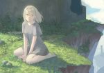  1girl arms_between_legs between_legs blonde_hair cliff commentary day expressionless fantasy grass grey_shirt hand_between_legs highres looking_at_viewer moss original outdoors plant rock ruins shirt short_hair short_sleeves sitting solo sunlight turquoise_iro wariza yellow_eyes 