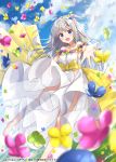  1girl bangs bare_shoulders blue_eyes blue_sky blurry_foreground blush choker collarbone day dress eyebrows_visible_through_hair from_below highres long_hair looking_at_viewer open_mouth original outdoors silver_hair sky solo strapless strapless_dress white_dress yaki_mayu 