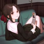  1girl absurdres ahoge arm_support artist_name bangs bare_legs barefoot black_dress black_hair blush commentary_request couch door dress folded_ponytail from_behind hair_ribbon highres holding holding_phone kaguya-sama_wa_kokurasetai_~tensai-tachi_no_renai_zunousen~ long_sleeves looking_at_viewer lying nana_keki parted_bangs parted_lips phone red_eyes red_ribbon ribbon school_uniform shinomiya_kaguya shirogane_miyuki short_hair shuuchiin_academy_uniform sidelocks solo_focus wooden_wall 