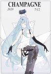  1girl 2020 asymmetrical_clothes asymmetrical_gloves azur_lane black_gloves blue_hair champagne_(azur_lane) character_name closed_eyes closed_mouth cross crown dated dress eyebrows_visible_through_hair gloves grey_background long_hair pepper_cyanide sitting solo very_long_hair white_dress 