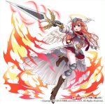  1girl angel angel_wings armor blue_eyes boots breastplate character_request commentary_request copyright_request eyebrows_visible_through_hair hair_between_eyes halo high_heel_boots high_heels holding holding_sword holding_weapon knee_pads long_hair long_sleeves official_art open_mouth orange_hair sakura_shiho shoulder_armor simple_background skirt solo sword teeth thigh-highs tongue weapon white_background wings zettai_ryouiki 