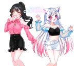  2girls :d ;d animal_ear_fluff animal_ears bangs bare_shoulders black_camisole black_hair black_skirt blue_shirt blush breasts camisole collarbone collared_shirt commission copyright_request dress_shirt eyebrows_visible_through_hair frilled_skirt frills gradient_hair green_eyes hair_ornament hand_up high_ponytail long_hair long_sleeves mamel_27 medium_breasts midriff multicolored_hair multiple_girls navel off-shoulder_shirt off_shoulder one_eye_closed open_mouth pink_hair pink_shirt ponytail puffy_long_sleeves puffy_sleeves red_eyes see-through shirt short_shorts shorts shoulder_cutout simple_background skirt sleeves_past_wrists smile very_long_hair watermark white_background white_hair white_shorts 