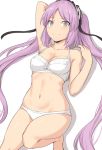  1girl bangs bare_shoulders blush bra breasts collarbone euryale fate/hollow_ataraxia fate_(series) frilled_hairband frills hairband long_hair looking_at_viewer lying navel on_back panties purple_hair shiseki_hirame small_breasts smile thighs twintails underwear violet_eyes white_bra white_panties 