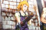  1boy 1girl :3 ahoge apron blue_eyes blurry blurry_background braid decadence_(anime) food genya_(genya67) highres holding kaburagi_(decadence) natsume_(decadence) orange_hair prosthesis prosthetic_arm solo_focus teeth zongzi 