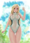  1girl artist_name ass_visible_through_thighs blonde_hair blue_sky breasts clouds commentary_request competition_swimsuit cowboy_shot grey_eyes highres hornet_(kantai_collection) jousanrou kantai_collection large_breasts long_hair looking_at_viewer one-piece_swimsuit sky solo standing swimsuit turtleneck waving white_swimsuit 