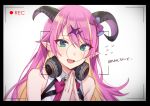  1girl :d asymmetrical_horns bare_shoulders blonde_hair blush breasts demon_horns eyebrows_visible_through_hair green_eyes hair_between_eyes hair_ornament hands_together headphones headphones_around_neck hololive horns long_hair looking_at_viewer mano_aloe multicolored_hair open_mouth pink_hair pointy_ears recording smile sweatdrop tomari_(veryberry00) two-tone_hair viewfinder virtual_youtuber 