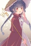  1girl absurdres ajirogasa aoi_(annbi) black_hair braid brown_headwear buttons cape capelet earlobes hat headwear highres light_blush long_hair long_sleeves low_twintails open_mouth red_capelet red_eyes snow solo staff standing touhou twin_braids twintails yatadera_narumi 