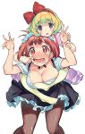  2girls :d alternate_costume bent_over black_skirt blonde_hair bow bow_hairband bright_pupils brown_eyes double_w empty_eyes enmaided eyebrows_visible_through_hair finger_in_another&#039;s_mouth green_hair hair_bow hairband hands_up looking_at_viewer maid maid_headdress multicolored_hair multiple_girls nonco open_mouth original puffy_short_sleeves puffy_sleeves red_bow red_eyes redhead shirt short_eyebrows short_hair short_sleeves simple_background skirt smile tears two-tone_hair w white_background white_pupils white_shirt 
