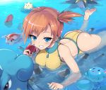  1girl ass bare_arms bare_legs bare_shoulders barefoot blue_eyes blush breasts character_request commentary_request eyebrows_visible_through_hair grin holding kasai_shin kasumi_(pokemon) looking_at_viewer lying on_stomach one-piece_swimsuit open_mouth orange_hair outdoors partially_submerged poke_ball pokemon pokemon_(creature) short_hair side_ponytail smile soles swimsuit water wet 