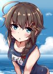  1girl ahoge artist_name beach blue_eyes blue_sky blue_swimsuit braid brown_hair clouds commentary_request cowboy_shot day hair_flaps hair_ornament hair_over_shoulder highres horizon kantai_collection long_hair looking_at_viewer name_tag ocean outdoors remodel_(kantai_collection) school_swimsuit shigure_(kantai_collection) single_braid sky solo soramuko swimsuit 