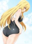 +_+ 1girl ass black_swimsuit blonde_hair blue_sky breasts brown_eyes clouds commentary_request competition_swimsuit cowboy_shot diesel-turbo from_behind highres large_breasts long_hair looking_at_viewer looking_back one-piece_swimsuit school_swimsuit shokuhou_misaki sky solo swimsuit to_aru_kagaku_no_railgun to_aru_majutsu_no_index 