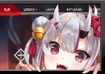  1girl apex_legends bell blurry blurry_background blush fourth_wall hair_between_eyes highres hololive horns konkito looking_at_viewer nakiri_ayame oni_horns oni_mask open_mouth peeking_out red_eyes solo user_interface virtual_youtuber 