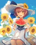  1girl bag blue_sky blurry brown_eyes brown_hair clouds commentary_request cowboy_shot day depth_of_field dress flower food fruit hat kantai_collection kasumi_(skchkko) open_mouth outdoors round_teeth short_hair sitting sky smile solo speaking_tube_headset straw_hat sun_hat sundress sunflower teeth upper_teeth watermelon white_dress yukikaze_(kantai_collection) 