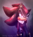  1boy animal_ears artist_name black_hair closed_mouth commentary english_commentary furry gloves looking_at_viewer male_focus multicolored_hair red_eyes redhead shadow_the_hedgehog sideways_mouth simple_background solo sonic_the_hedgehog spacecolonie standing tail tumblr_username two-tone_hair 