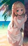  2girls :d bangs bare_shoulders beach bikini blonde_hair blue_sky blunt_bangs blurry blurry_background blush braid collarbone commentary_request cowboy_shot day e-co eyebrows_visible_through_hair glint green_eyes groin lillie_(pokemon) long_hair looking_at_viewer mallow_(pokemon) midriff multiple_girls navel ocean open_mouth outdoors palm_tree pokemon pokemon_(game) pokemon_sm sand sarong sidelocks signature sky smile solo_focus standing swimsuit tankini tree white_bikini white_sarong 