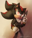  1boy animal_ears artist_name beige_background black_hair clenched_hand closed_mouth commentary english_commentary furry gloves hand_up heart male_focus multicolored_hair pointing pointing_up red_eyes redhead shadow_the_hedgehog signature simple_background solo sonic_the_hedgehog spacecolonie standing tumblr_username two-tone_hair white_gloves 