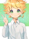  1girl 1ssakawaguchi ahoge bangs blush collared_shirt commentary_request dotted_background emma_(yakusoku_no_neverland) green_background green_eyes highres long_sleeves looking_at_viewer neck_tattoo number_tattoo orange_hair shirt short_hair smile solo spiky_hair tattoo two-tone_background upper_body v white_background white_shirt yakusoku_no_neverland 