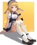  1girl animal_ears apron artist_name ass bangs black_footwear blonde_hair blue_eyes blush breasts center_frills commentary dress fleur_de_lapin_uniform floppy_ears frilled_apron frilled_cuffs frilled_dress frills full_body gochuumon_wa_usagi_desu_ka? green_eyes hand_up highres kirima_sharo knees_up looking_at_viewer maid maid_dress maid_headdress puffy_short_sleeves puffy_sleeves rabbit_ears shadow shoes short_hair short_sleeves simple_background sitting sl86 small_breasts smile solo thigh-highs underbust waist_apron white_apron white_legwear wrist_cuffs yellow_background 