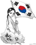  1girl absurdres braid commentary_request dated flag flagpole flower greyscale hanbok highres holding holding_flag korea korean_clothes mixed-language_commentary monochrome original partial_commentary rose_of_sharon simple_background solo south_korea south_korean_flag tryvor white_background 