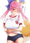  1girl animal_ear_fluff animal_ears bangs black_buruma blue_bow blush bow breasts buruma fate/extra fate_(series) fox_ears fox_girl fox_tail hair_between_eyes hair_bow kurikara large_breasts long_hair looking_at_viewer navel parted_lips pink_hair shirt short_sleeves sidelocks simple_background smile tail tamamo_(fate)_(all) tamamo_no_mae_(fate) thighs translation_request twintails white_background white_shirt yellow_eyes 