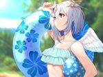  1girl amane_kanata angel_wings arm_up bangs bare_arms bare_shoulders bikini blue_eyes blurry blurry_background closed_mouth collarbone commentary_request depth_of_field feathered_wings floral_print frilled_bikini frills from_side hair_between_eyes hair_ornament holding holding_innertube hololive innertube mikan_(chipstar182) outdoors short_hair silver_hair smile solo spaghetti_strap swimsuit upper_body virtual_youtuber white_hair white_wings wings 