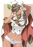  1girl bandaged_arm bandages breasts cape dark_skin fingerless_gloves gloves guilty_gear guilty_gear_strive hat highres long_hair midriff navel nayutarou_(nyt_kag) ramlethal_valentine short_shorts shorts solo white_gloves white_hair yellow_eyes 