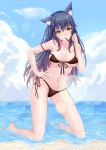  1girl absurdres animal_ear_fluff animal_ears arknights bangs bare_arms bare_legs bare_shoulders barefoot bikini black_bikini black_hair blue_sky breasts clouds commentary_request day eyebrows_visible_through_hair food food_in_mouth front-tie_bikini front-tie_top hair_between_eyes hand_on_hip hand_up highres kneeling lens_flare long_hair looking_at_viewer medium_breasts mouth_hold navel outdoors pocky side-tie_bikini sky solo stomach strap_slip swimsuit texas_(arknights) thighs very_long_hair water wet wolf_ears yellow_eyes yiqian_esen 