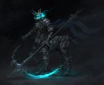 1boy armor centaur cheolseung_ok creature dark_knight fog full_armor gauntlets glowing glowing_weapon greaves helmet highres holding holding_scythe holding_weapon male_focus monster original scythe solo standing tail vambraces weapon 