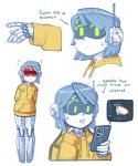  1girl cameron_sewell cat cellphone english_text error_message green_eyes highres holding holding_phone hood hoodie joulie multiple_views original phone radio_antenna smartphone social_network visor white_background yellow_hoodie 