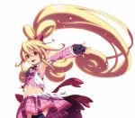  1girl :d aida_mana armpits big_hair black_gloves black_legwear black_neckwear blonde_hair bow cure_heart curly_hair detached_sleeves dokidoki!_precure fingerless_gloves gloves hair_bow long_hair looking_at_viewer necktie open_mouth outstretched_arms pink_skirt ponytail precure red_bow red_eyes simple_background skirt smile solo spread_arms tasaka_shinnosuke thigh-highs upper_teeth very_long_hair vest white_background 