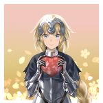  1girl armor armored_dress blonde_hair blue_eyes border braid cowboy_shot fate/apocrypha fate/grand_order fate_(series) gauntlets gradient gradient_background headpiece jeanne_d&#039;arc_(fate) jeanne_d&#039;arc_(fate)_(all) long_hair looking_at_viewer outside_border rasupekuto single_braid smile solo valentine white_border 
