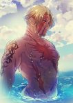 1boy abs bangs bara beowulf_(fate/grand_order) blonde_hair clouds cloudy_sky cup facial_hair fate/grand_order fate_(series) goatee male_focus muscle nipples red_eyes scar shirtless sky tattoo upper_body wet yamanome 