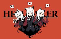  3girls absurdres animal_ears black_gloves black_vest blush buttons cerberus_(helltaker) closed_eyes commentary demon_tail dog_ears fang food gloves heart helltaker highres kuno_(runkunochan) long_hair long_sleeves looking_at_viewer multiple_girls necktie one_eye_closed open_mouth pancake red_background red_eyes red_shirt shirt smile tail triplets upper_body vest waistcoat white_hair 